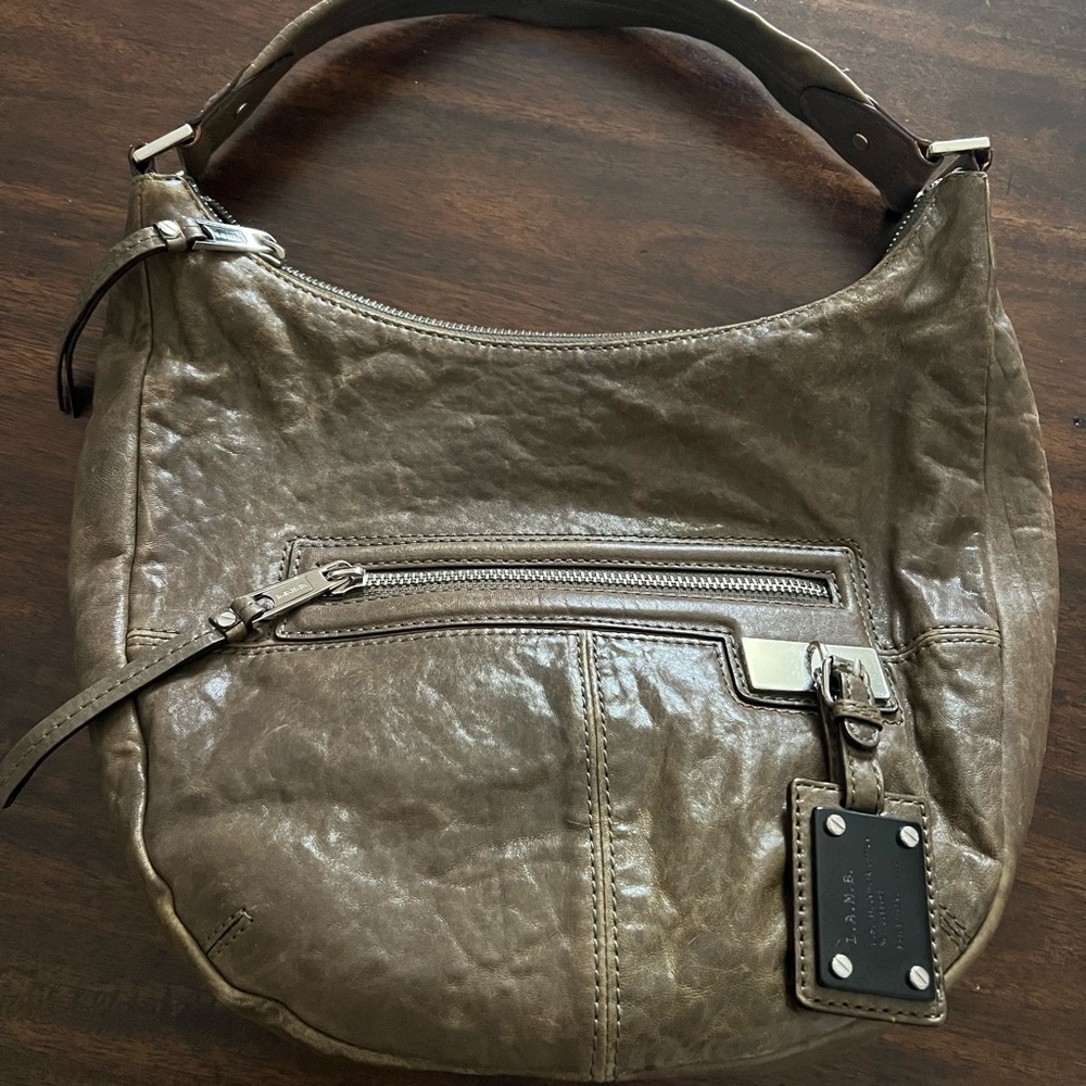 L.A.M.B Taupe Leather Saddle Hobo Purse Hand Bag